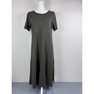 Eileen Fisher womens small olive green short sleeve midi shift dress hemp cotton